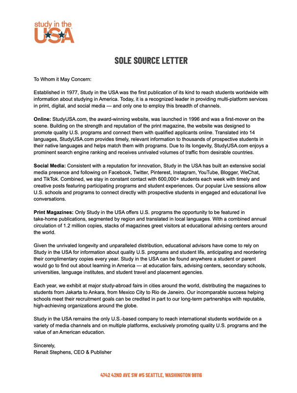 Study in the USA Sole Source Letter